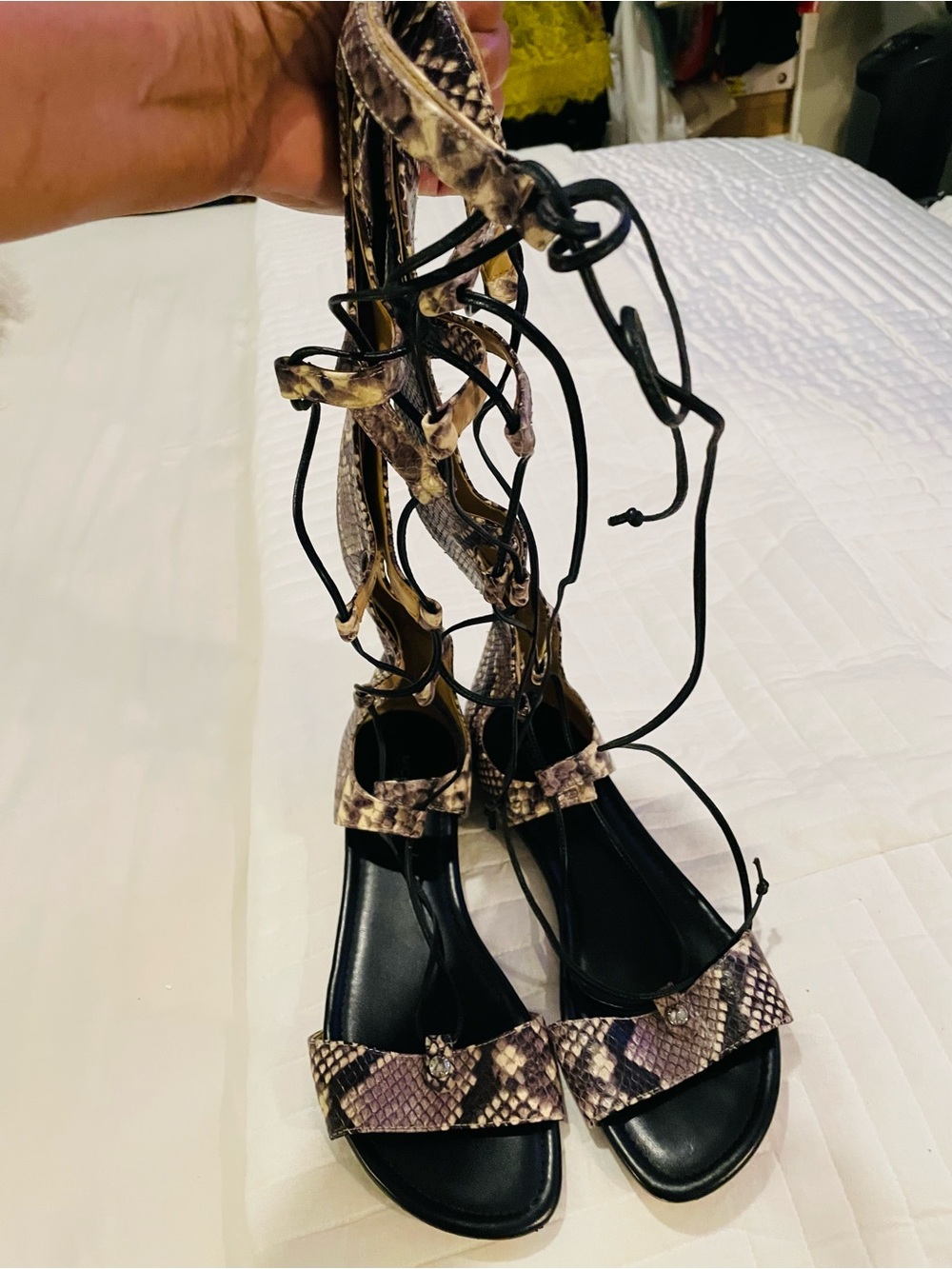 Michael Kors Snake-Print leather Lace-Up Gladiator Sandals - Black, Brown & Tan